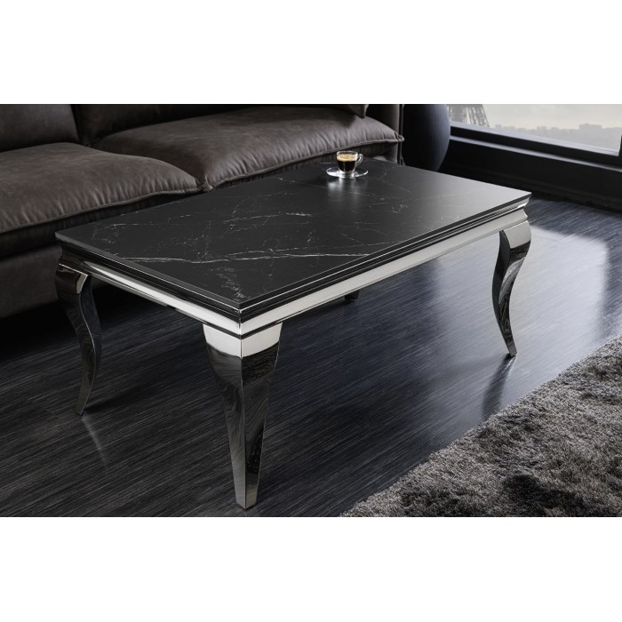 Salontafel VELENA 100 cm zwart marmer effect in gesinterde steen – Gebogen zilveren poten