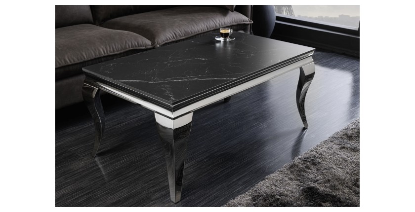 Table basse VELENA avec plateau effet marbre noir mise en situation