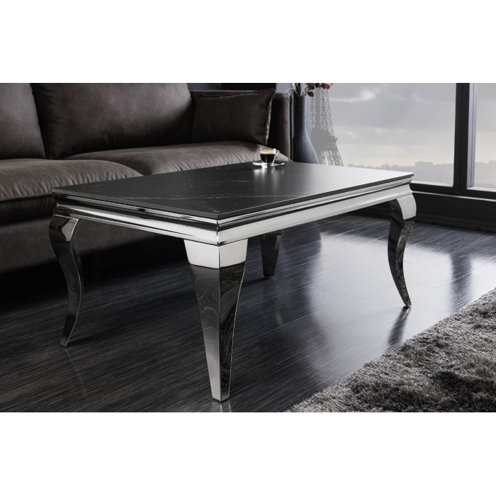 Salontafel VELENA 100 cm zwart marmer effect in gesinterde steen – Gebogen zilveren poten