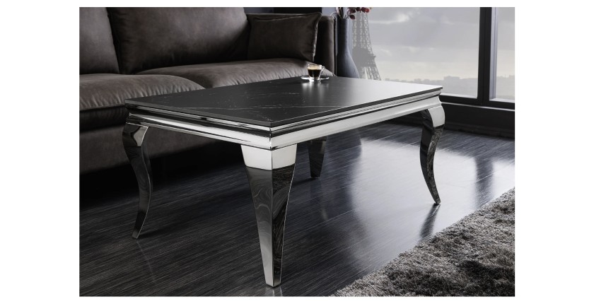 Table basse VELENA avec plateau effet marbre noir vue de côté