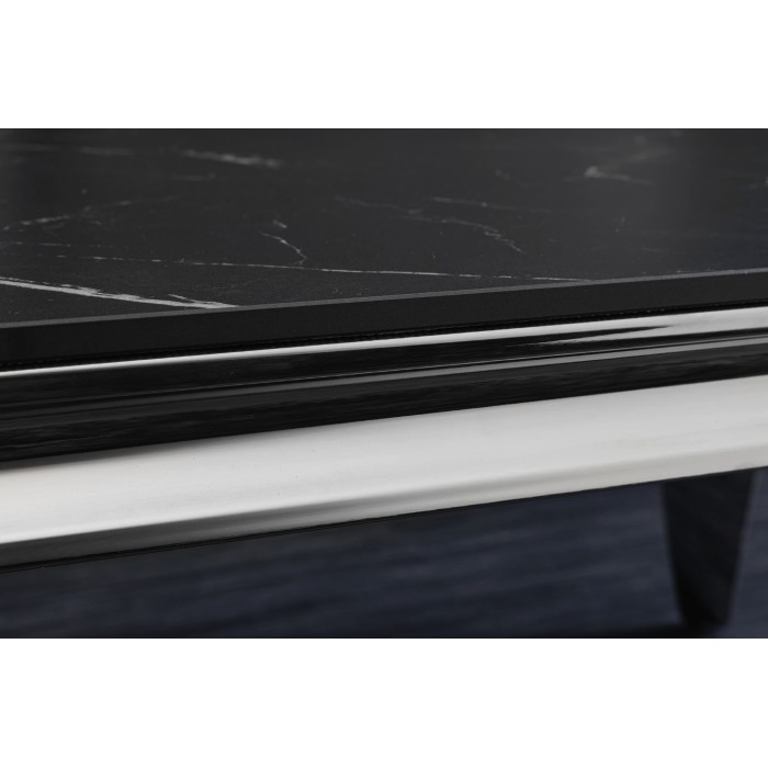 Salontafel VELENA 100 cm zwart marmer effect in gesinterde steen – Gebogen zilveren poten