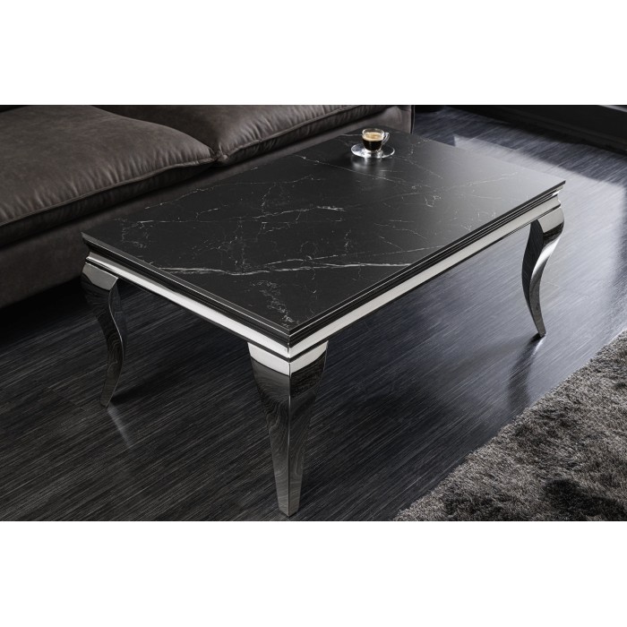 Salontafel VELENA 100 cm zwart marmer effect in gesinterde steen – Gebogen zilveren poten