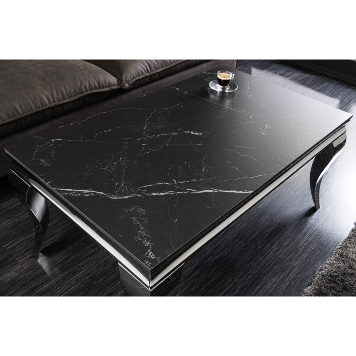 Salontafel VELENA 100 cm zwart marmer effect in gesinterde steen – Gebogen zilveren poten