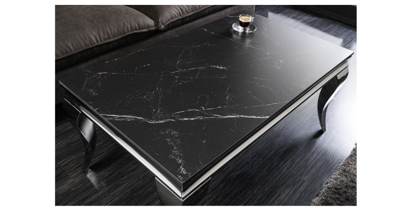 Table basse VELENA avec plateau effet marbre noir vue de haut rapprochée