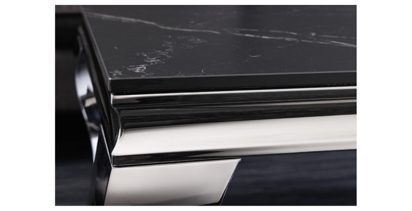 Zoom sur le coin de la table basse VELENA avec plateau effet marbre noir