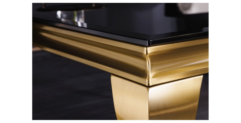 Zoom sur la tranche de la table basse VELENA plateau noir et pieds or