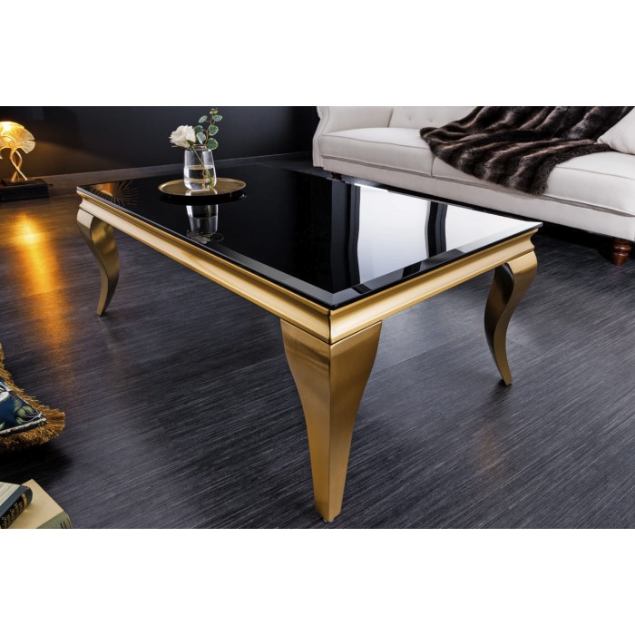 Tavolino VELENA 100 cm vetro nero opaco – Gambe curve dorate