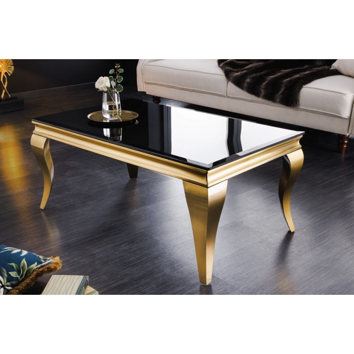 Tavolino VELENA 100 cm vetro nero opaco – Gambe curve dorate