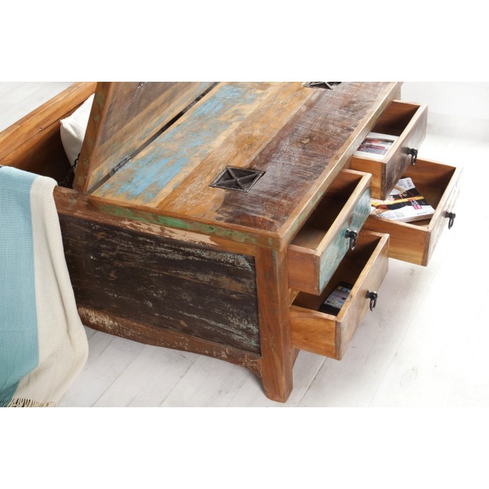 Tavolino PATCHWOOD quadrato 70 cm in legno riciclato multicolore con cassetti e baule