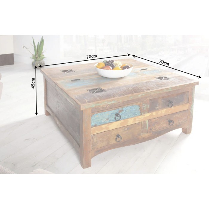 Tavolino PATCHWOOD quadrato 70 cm in legno riciclato multicolore con cassetti e baule