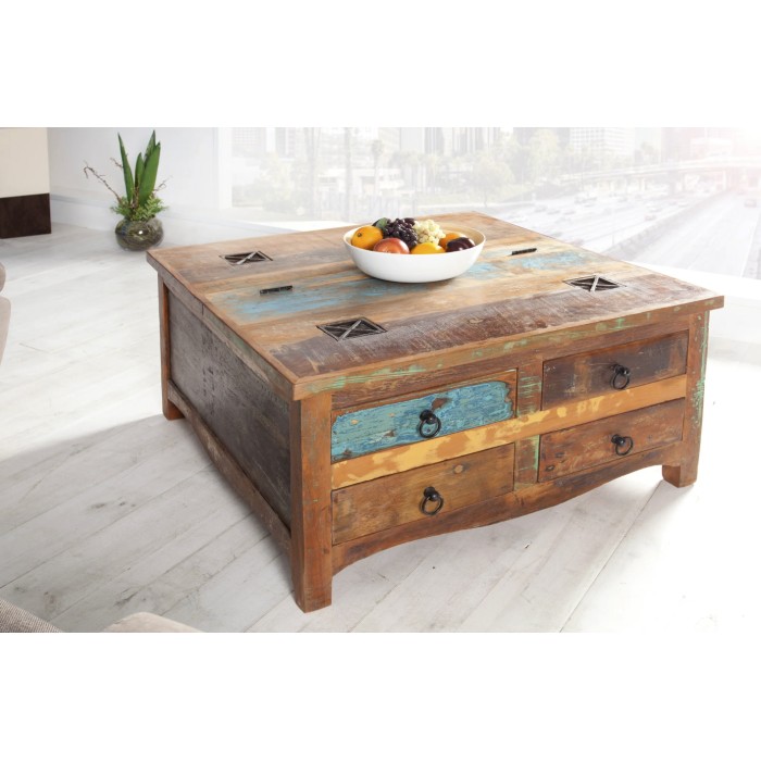 Tavolino PATCHWOOD quadrato 70 cm in legno riciclato multicolore con cassetti e baule