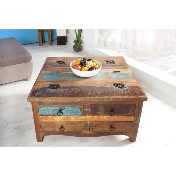Tavolino PATCHWOOD quadrato 70 cm in legno riciclato multicolore con cassetti e baule