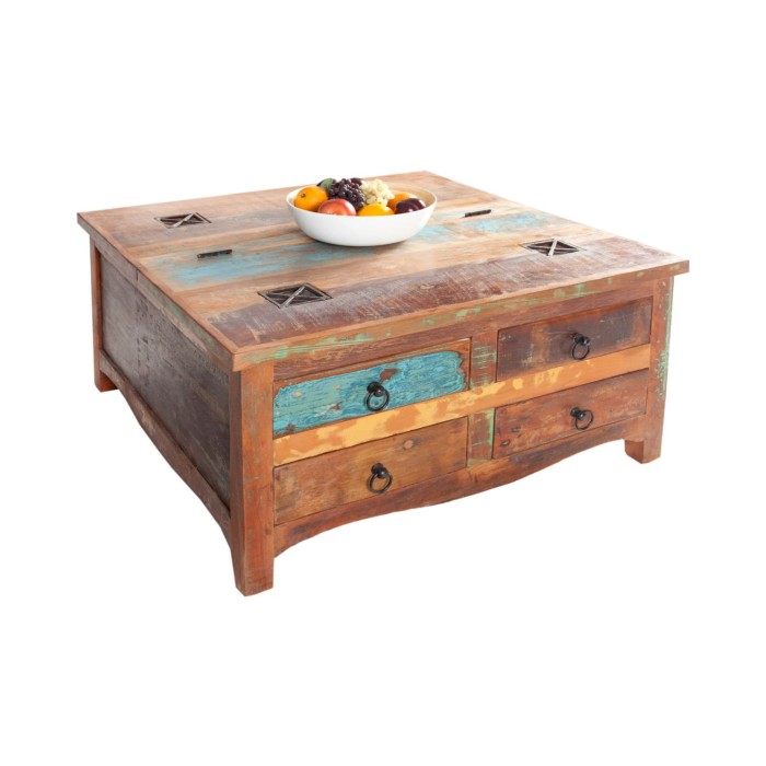 Tavolino PATCHWOOD quadrato 70 cm in legno riciclato multicolore con cassetti e baule
