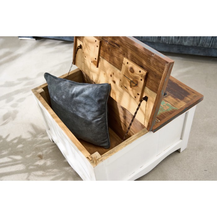Couchtisch PATCHWOOD quadratisch 70 cm, buntes und weißes Holz mit Schubladen und Truhe