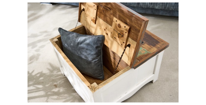 Table basse PATCHWOOD 70cm blanche et bois avec coffre ouvert