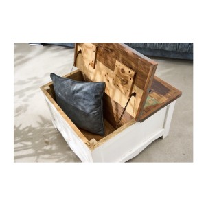 Table basse PATCHWOOD 70cm blanche et bois avec coffre ouvert