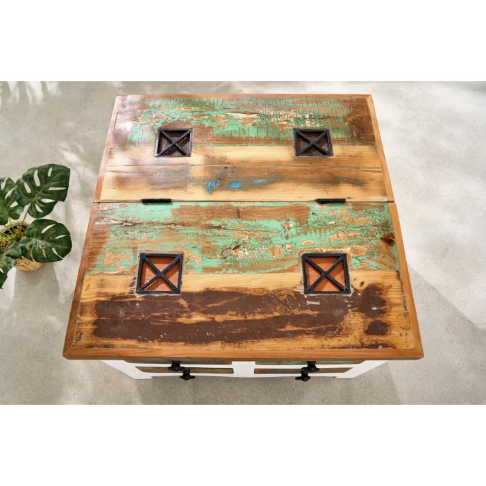 Couchtisch PATCHWOOD quadratisch 70 cm, buntes und weißes Holz mit Schubladen und Truhe