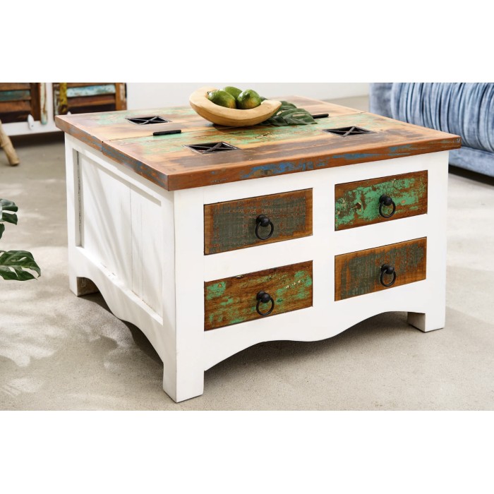 Couchtisch PATCHWOOD quadratisch 70 cm, buntes und weißes Holz mit Schubladen und Truhe