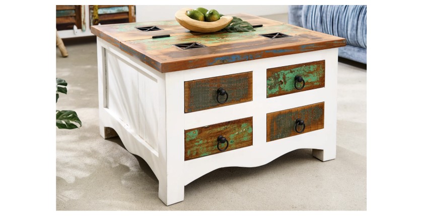Table basse PATCHWOOD 70cm blanche et bois mise en situation