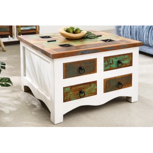 Table basse PATCHWOOD 70cm blanche et bois mise en situation