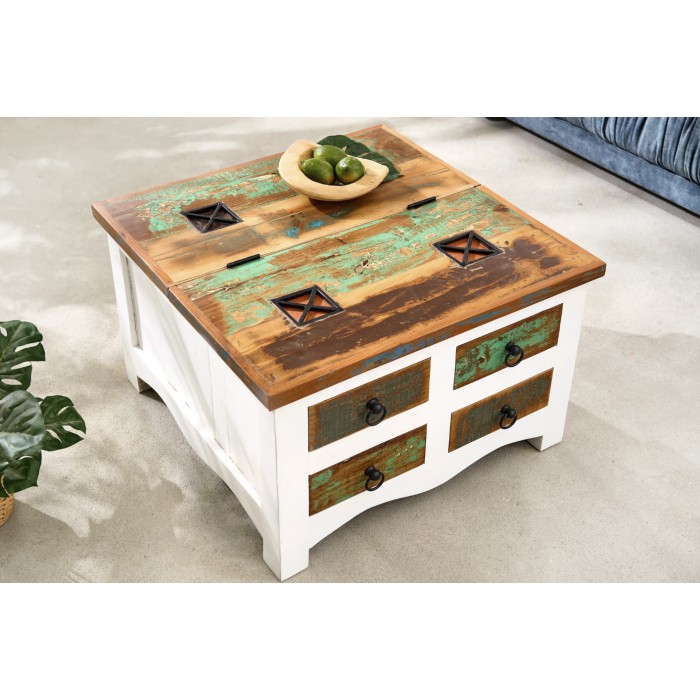 Couchtisch PATCHWOOD quadratisch 70 cm, buntes und weißes Holz mit Schubladen und Truhe