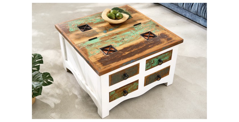 Table basse PATCHWOOD 70cm blanche et bois vue de côté