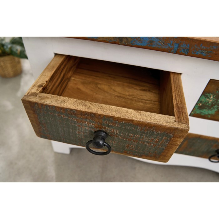 Couchtisch PATCHWOOD quadratisch 70 cm, buntes und weißes Holz mit Schubladen und Truhe
