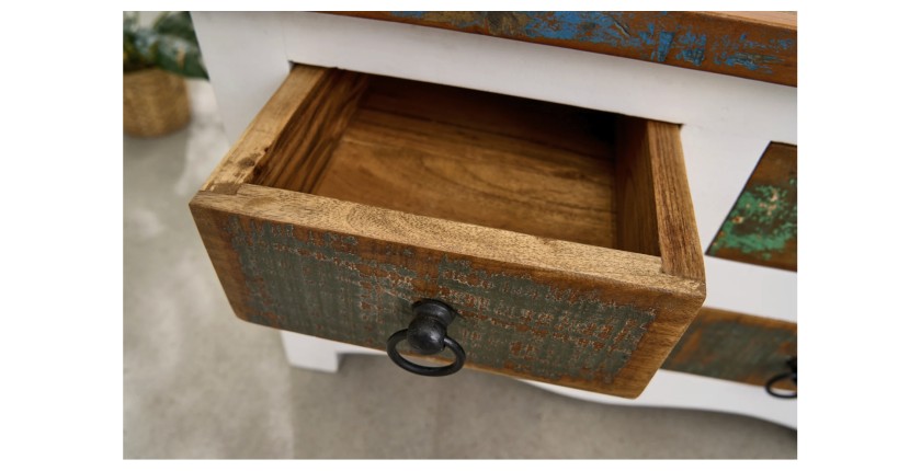 Table basse PATCHWOOD 70cm blanche et bois avec tiroirs ouverts