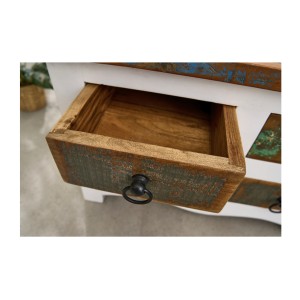 Table basse PATCHWOOD 70cm blanche et bois avec tiroirs ouverts