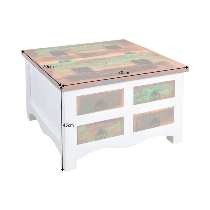 Couchtisch PATCHWOOD quadratisch 70 cm, buntes und weißes Holz mit Schubladen und Truhe