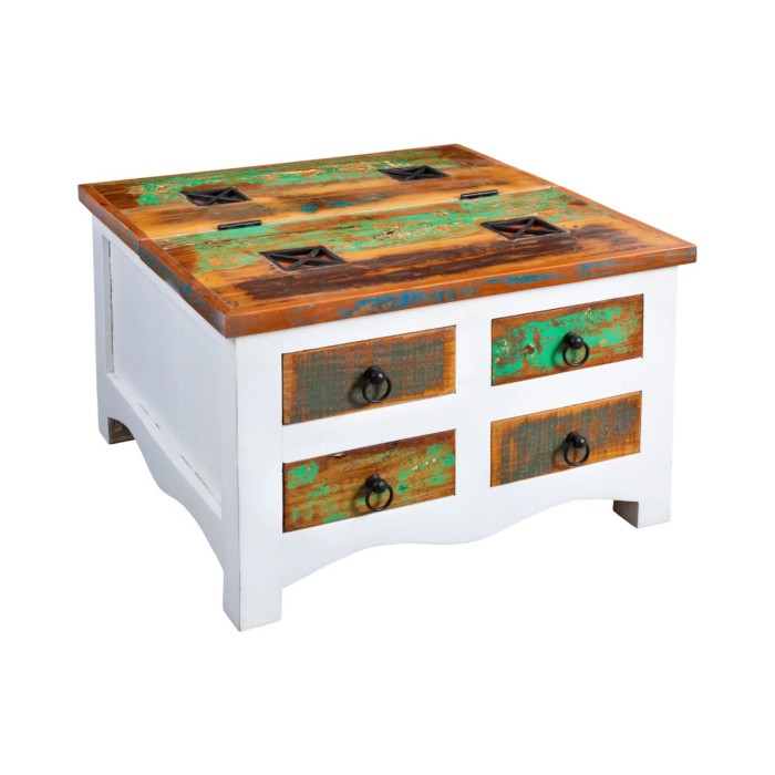 Couchtisch PATCHWOOD quadratisch 70 cm, buntes und weißes Holz mit Schubladen und Truhe