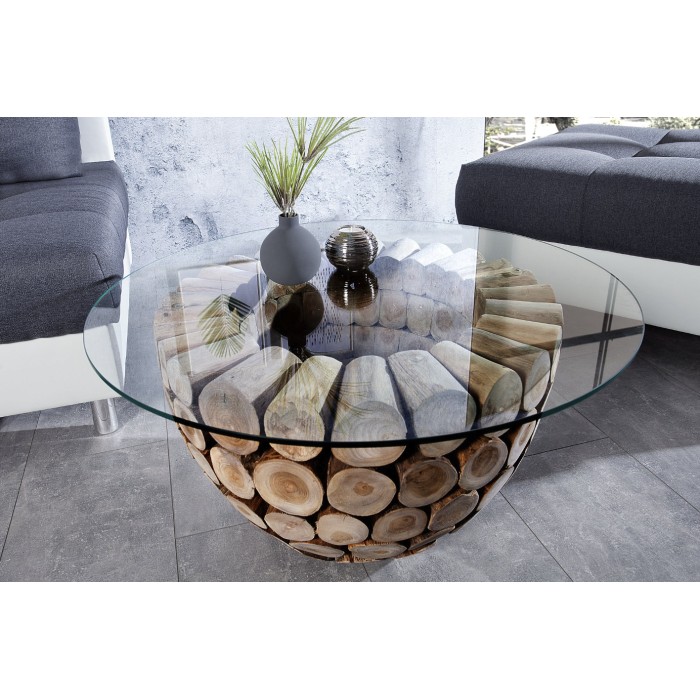 Tavolino basso ARBOREA rotondo 70 cm in legno massiccio e vetro temperato – piede centrale design in tronchetti