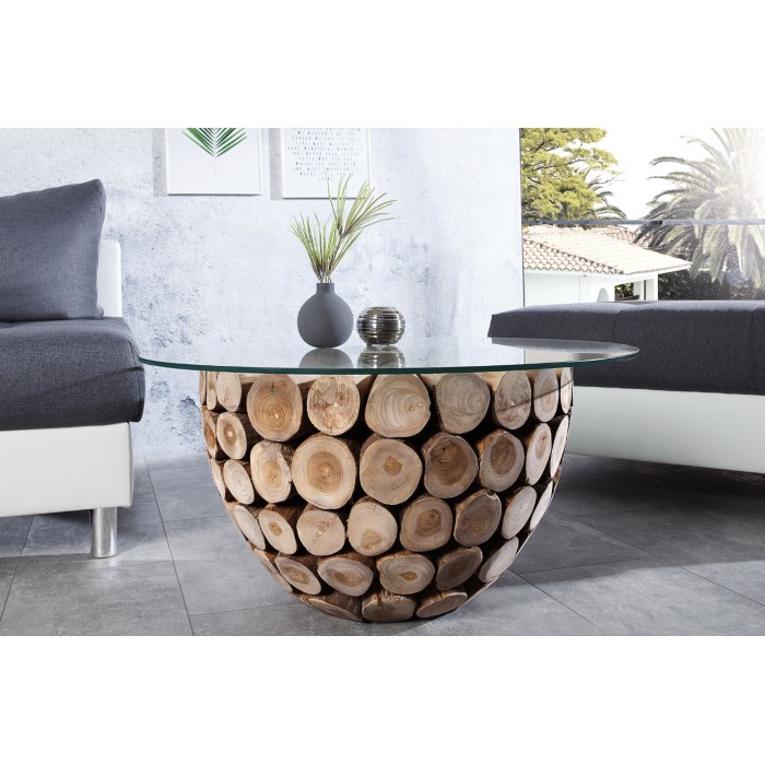 Tavolino basso ARBOREA rotondo 70 cm in legno massiccio e vetro temperato – piede centrale design in tronchetti