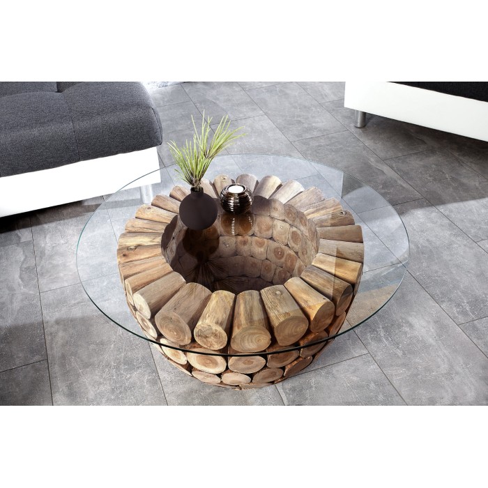 Tavolino basso ARBOREA rotondo 70 cm in legno massiccio e vetro temperato – piede centrale design in tronchetti