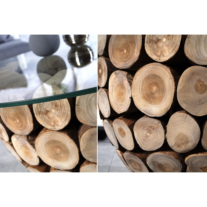 Tavolino basso ARBOREA rotondo 70 cm in legno massiccio e vetro temperato – piede centrale design in tronchetti