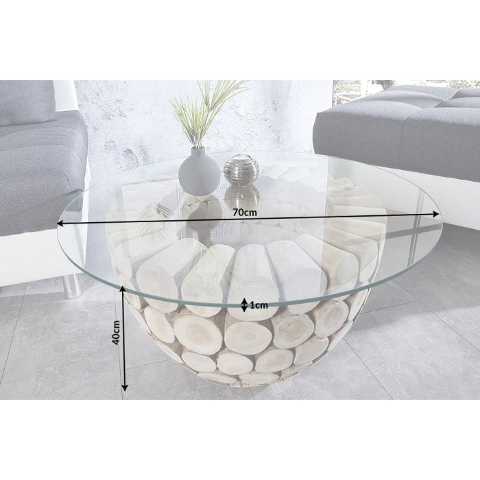 Tavolino basso ARBOREA rotondo 70 cm in legno massiccio e vetro temperato – piede centrale design in tronchetti