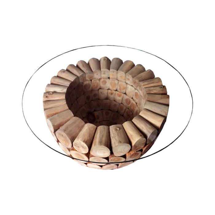 Tavolino basso ARBOREA rotondo 70 cm in legno massiccio e vetro temperato – piede centrale design in tronchetti