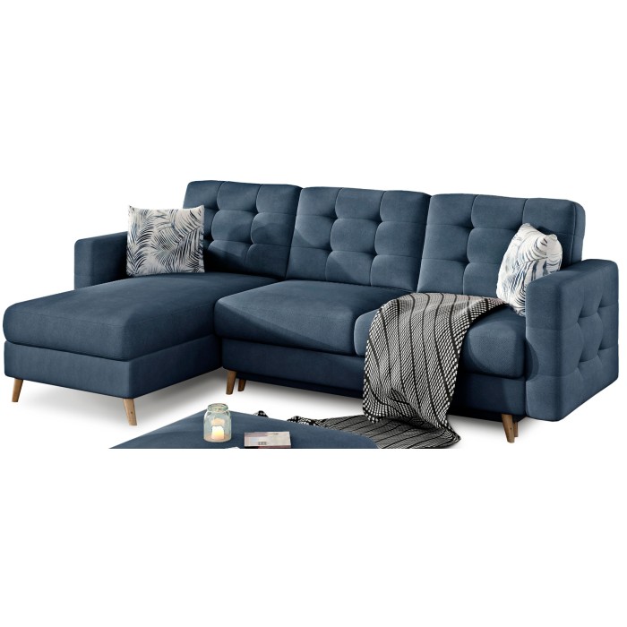 Canapé d’angle convertible HASGARD 3 places bleu foncé 248x162 cm – coffre et pieds bois