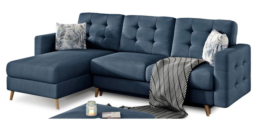 Canapé d’angle convertible HASGARD 3 places bleu foncé 248x162 cm – coffre et pieds bois