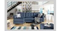 Canapé d’angle convertible HASGARD 3 places bleu foncé 248x162 cm – coffre et pieds bois