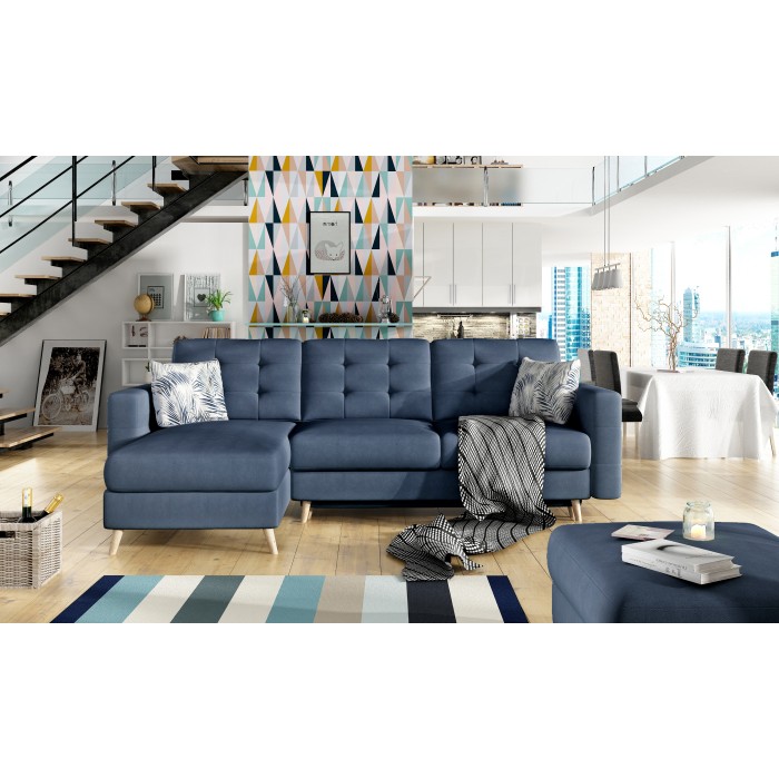 Canapé d’angle convertible HASGARD 3 places bleu foncé 248x162 cm – coffre et pieds bois