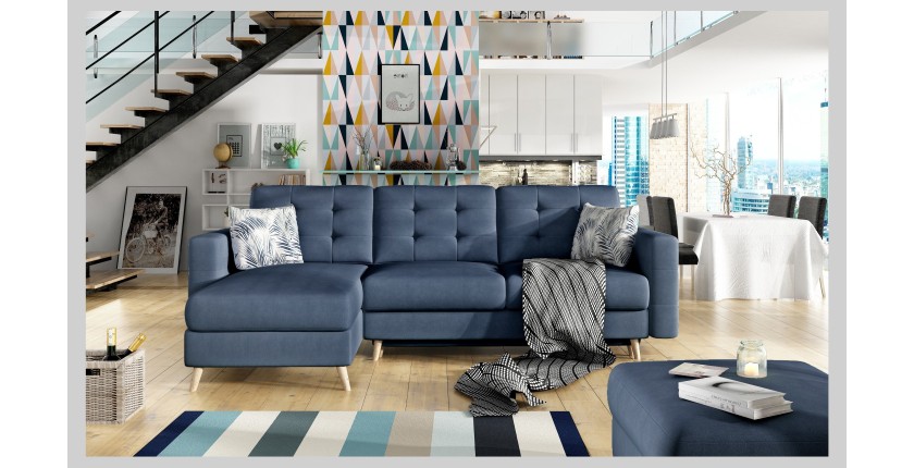 Canapé d’angle convertible HASGARD 3 places bleu foncé 248x162 cm – coffre et pieds bois