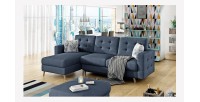 Canapé d’angle convertible HASGARD 3 places bleu foncé 248x162 cm – coffre et pieds bois