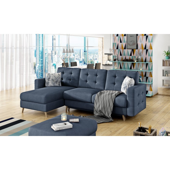 Canapé d’angle convertible HASGARD 3 places bleu foncé 248x162 cm – coffre et pieds bois
