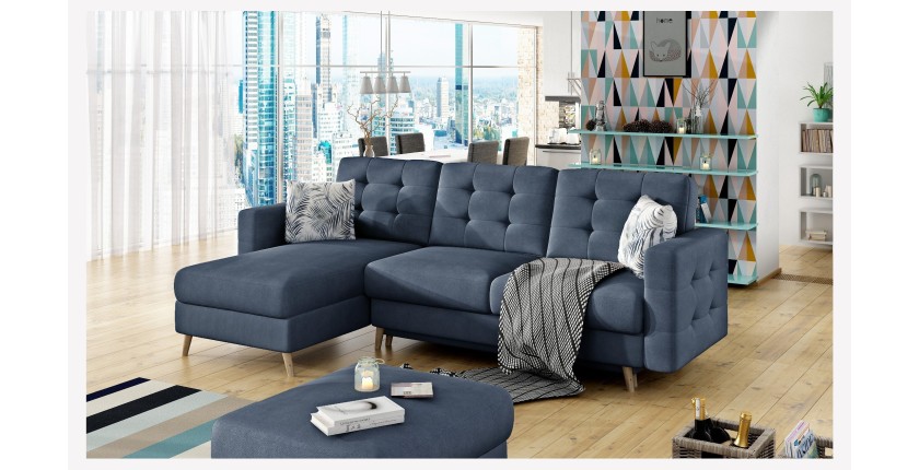 Canapé d’angle convertible HASGARD 3 places bleu foncé 248x162 cm – coffre et pieds bois