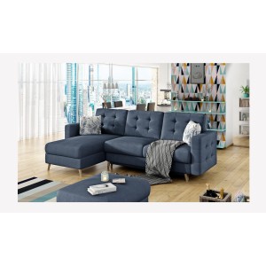 Canapé d’angle convertible HASGARD 3 places bleu foncé 248x162 cm – coffre et pieds bois