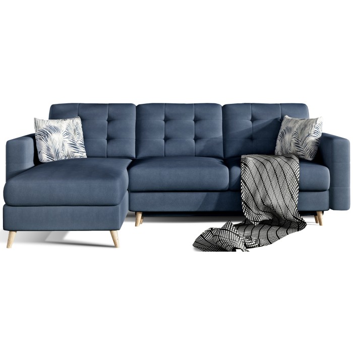 Canapé d’angle convertible HASGARD 3 places bleu foncé 248x162 cm – coffre et pieds bois