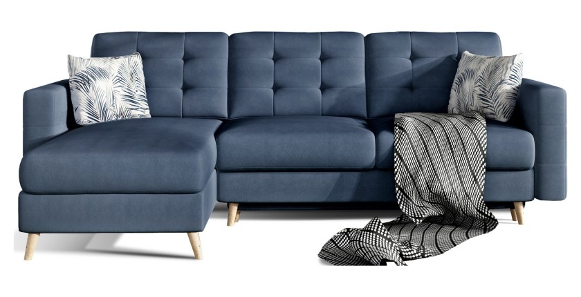 Canapé d’angle convertible HASGARD 3 places bleu foncé 248x162 cm – coffre et pieds bois
