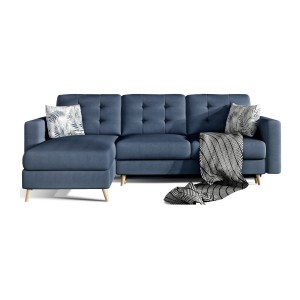 Canapé d’angle convertible HASGARD 3 places bleu foncé 248x162 cm – coffre et pieds bois