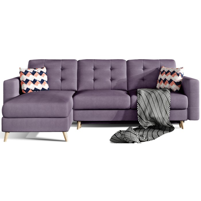 Canapé d’angle convertible HASGARD 3 places violet 248x162 cm – coffre et pieds bois